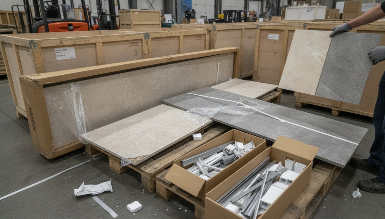 PVC wall panels, trims, corner profiles, and shower panel accessories prepared in warehouse packaging for inspection before bathroom wall cladding installation.